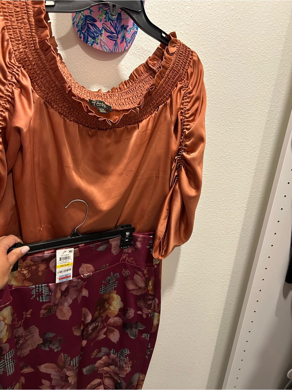 Thalia Sodi Rust Satin Smocked-Neck Blouse